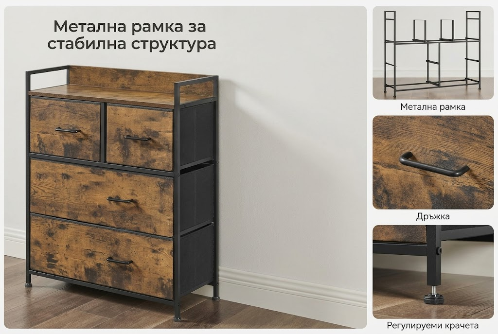 SONGMICS скрин с чекмеджета – текстилен шкаф за съхранение със 7 чекмеджета, с дръжки и здрава метална рамка за спалня. - Imagen 4